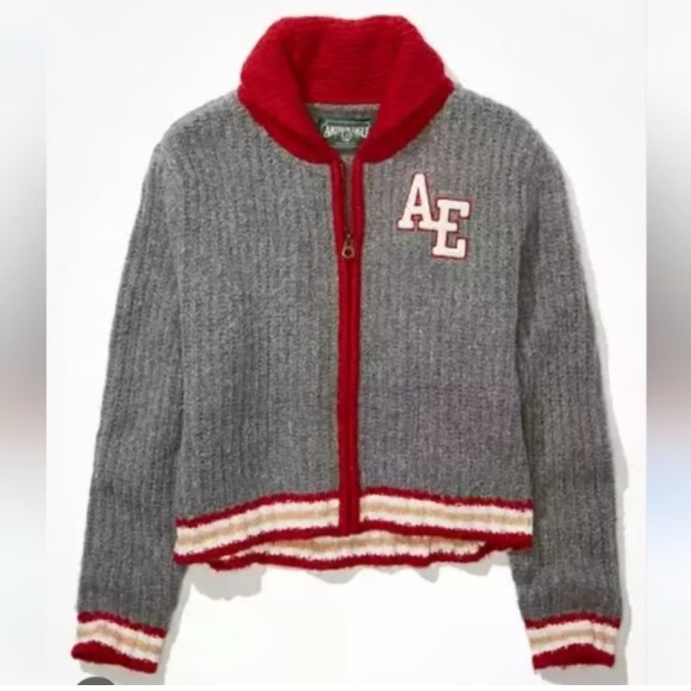 American Eagle Outfitters Women's Gray and Red Varsity Jacket